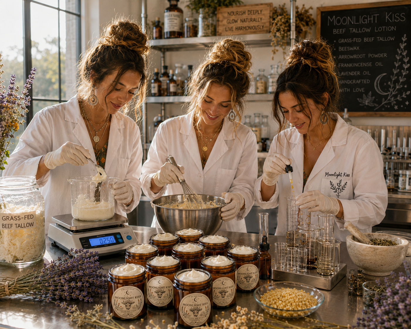 Three women crafting Moonlight Kiss lotion in the apothecary studio
